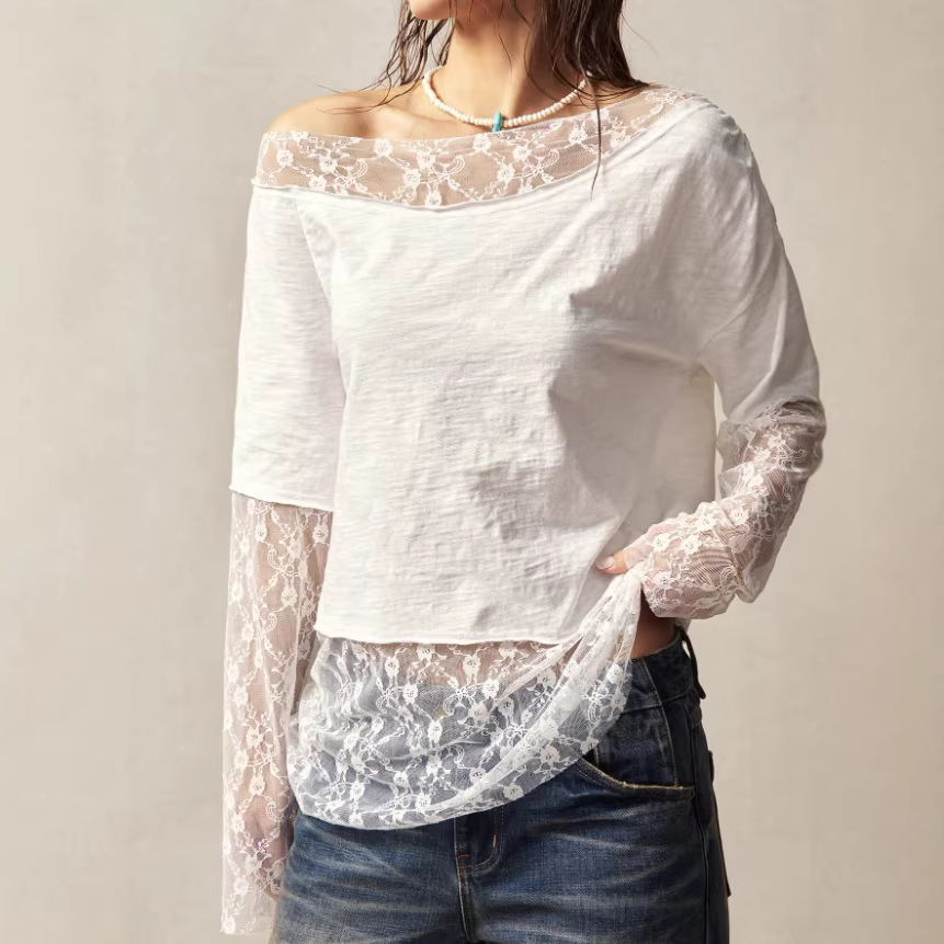 Bohemian One-Shoulder Long-Sleeve Lace-Cuff T-Shirt