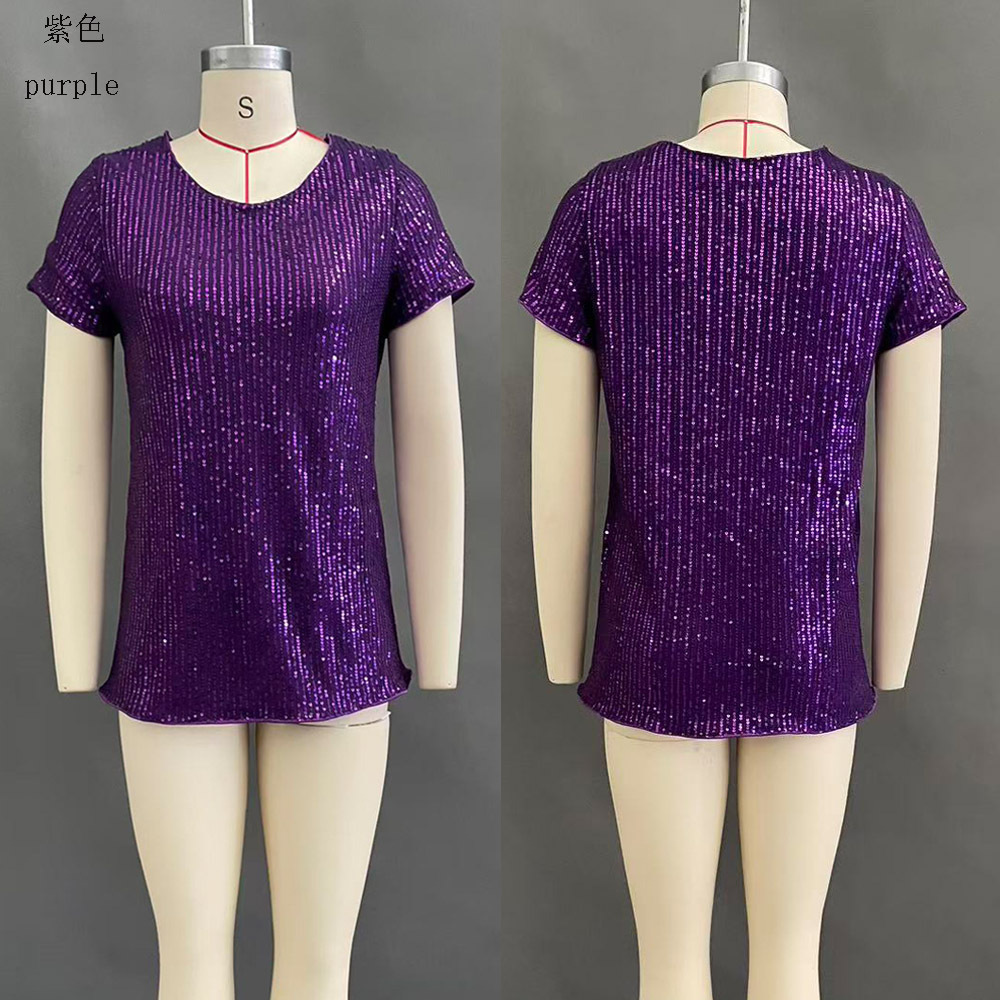Women's Sequin Loose Crewneck Short Sleeve Top