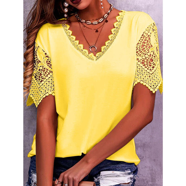 Women's Lace Trim Loose V-Neck Short Sleeve T-Shirt