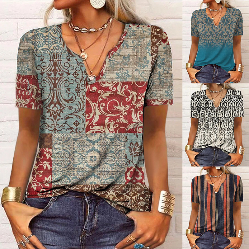 Women's Loose V-Neck Floral Print Short-Sleeve T-Shirt