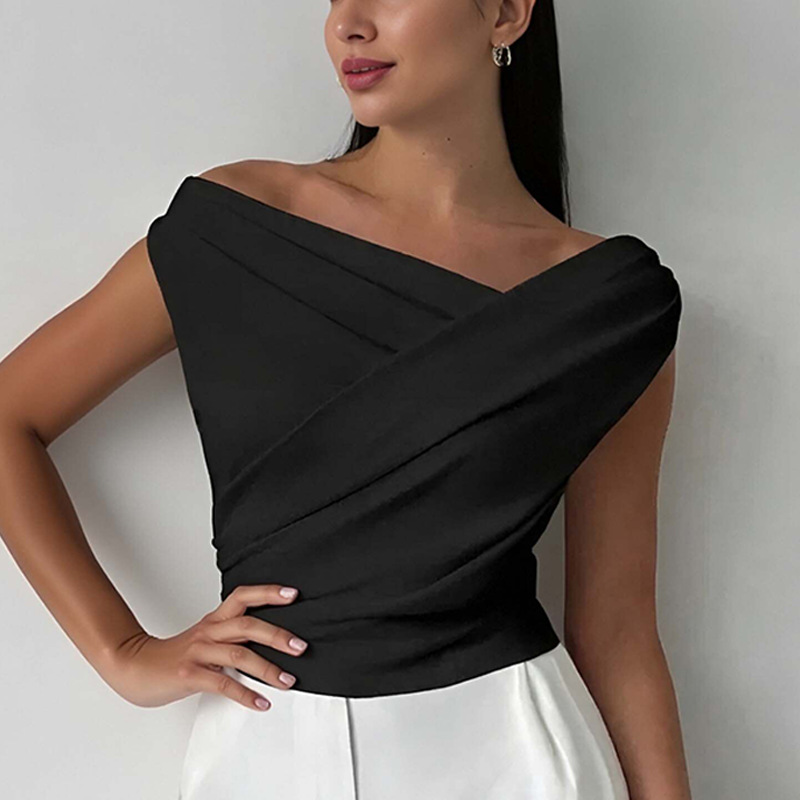 Women's Off-Shoulder Asymmetric Neck Sleeveless Top Short Sleeve Blouse