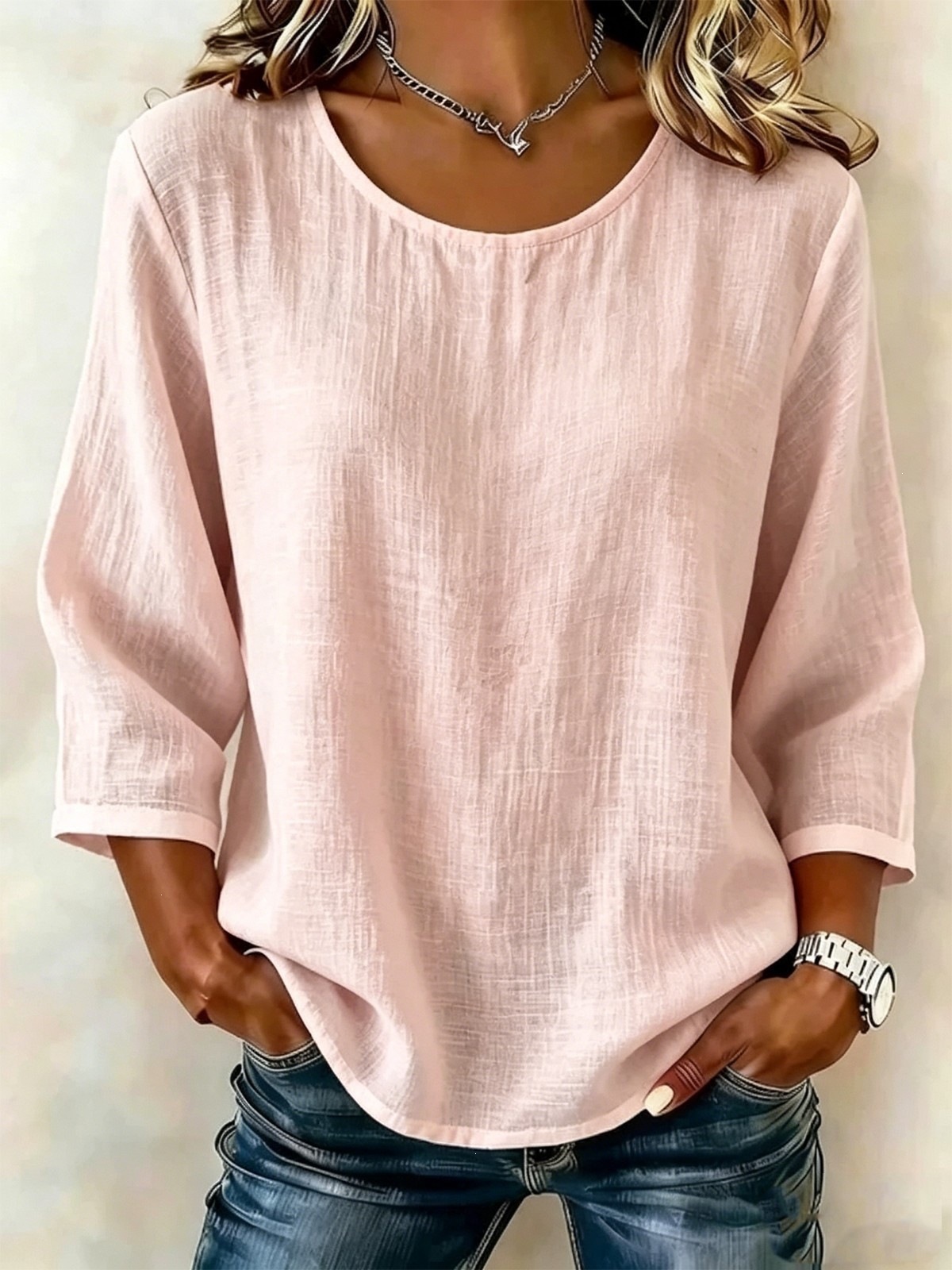 Women's Solid Crewneck Nine-Sleeve Loose Casual Top