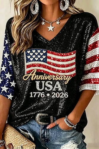 Women's American Flag Firework Print V-Neck Short Sleeve T-Shirt