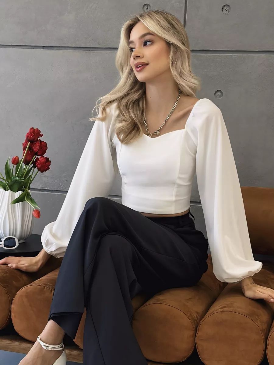 Women's Square Neck Long Sleeve Solid Color Casual Top