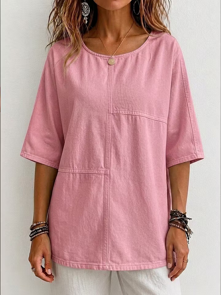 Women's Mid-Sleeve Patchwork Denim Top Casual T-Shirt