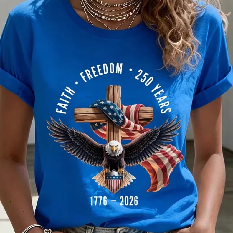 Eagle American Flag Cross Print Crewneck Short Sleeve T-Shirt
