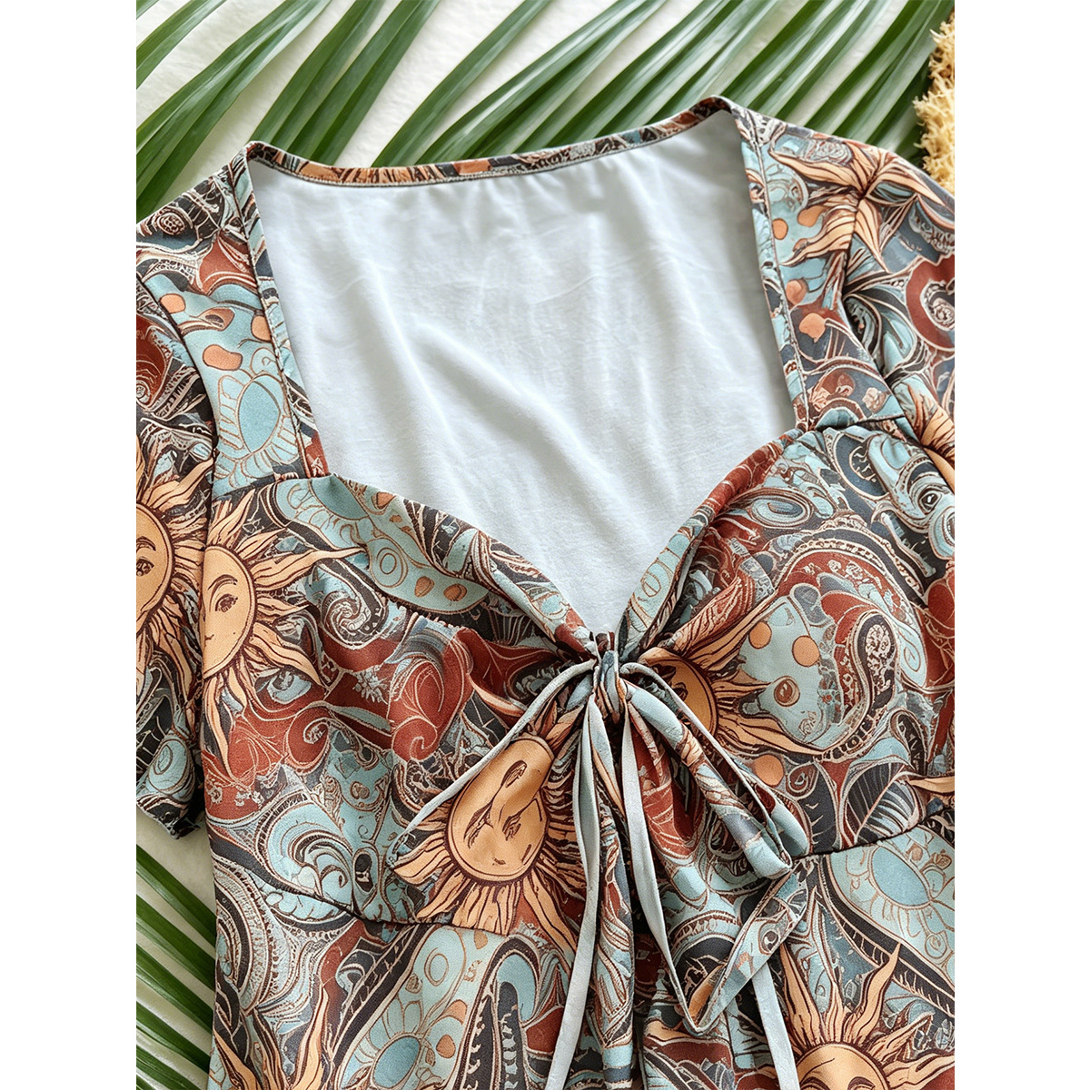 Plus Size Paisley Print Square Neck Tie-Front Short Sleeve Top