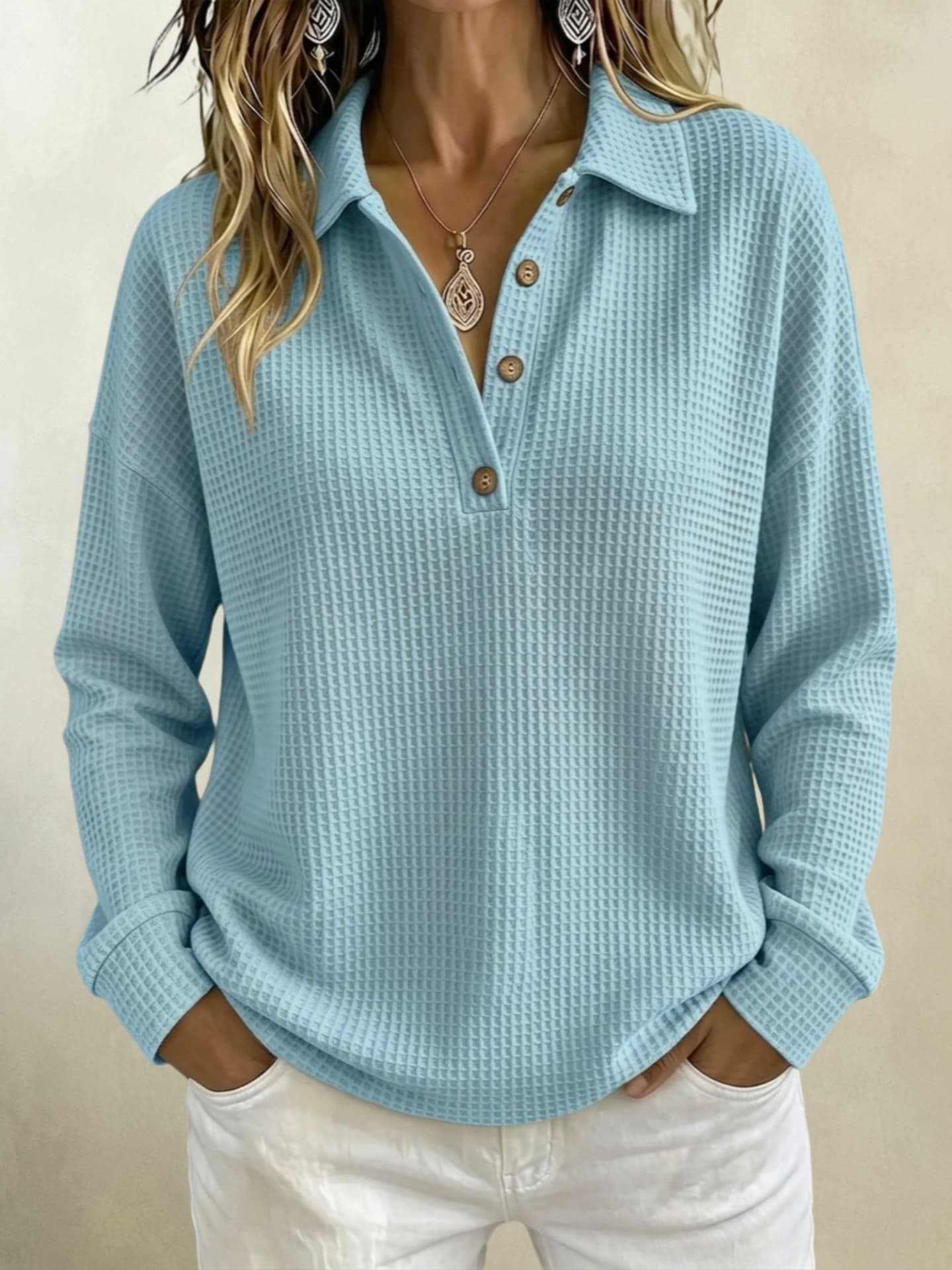 Waffle Knit Polo Collar Long Sleeve Top for Women Loose Half-Button Solid Color Henley Tee