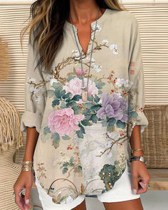 Floral Print V-Neck Long Sleeve T-Shirt for Women