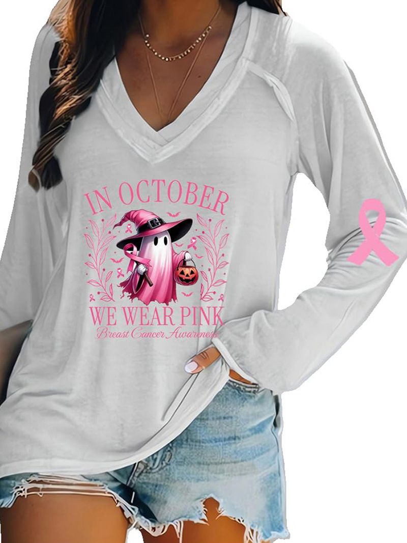 Women's V-Neck Long-Sleeve Halloween Pumpkin Ghost Ribbon Print T-Shirt
