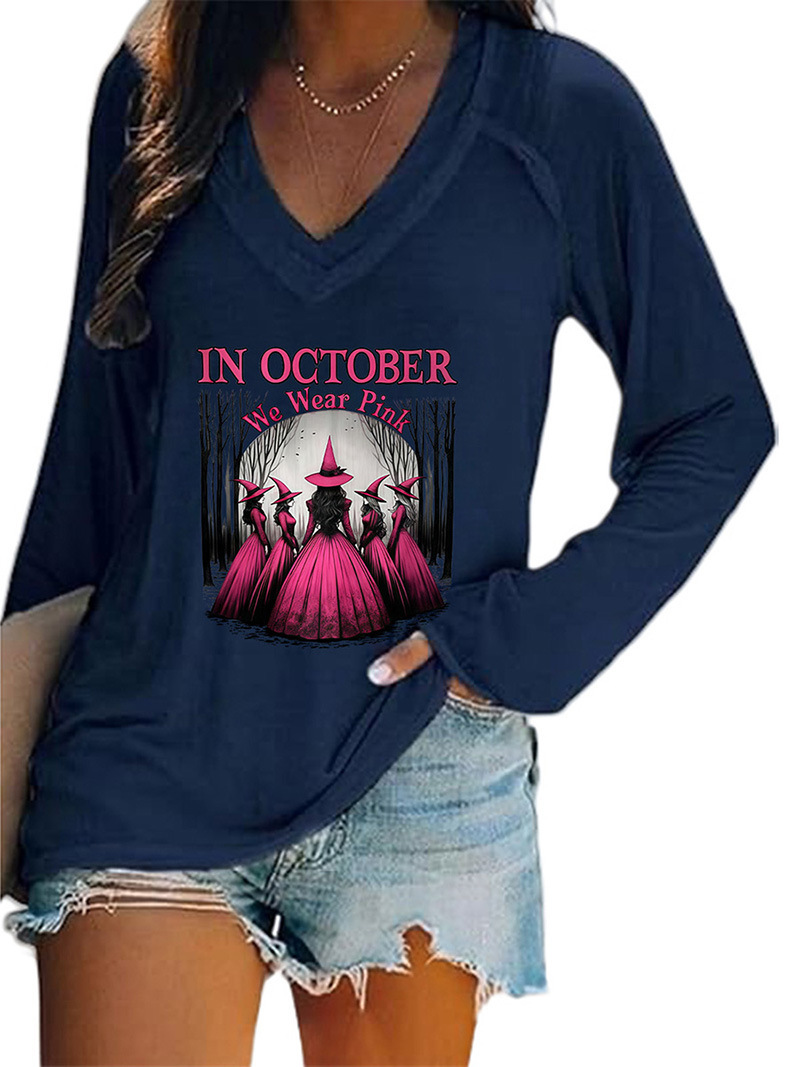 Women's Halloween Witch Hat Print V-Neck Long Sleeve T-Shirt