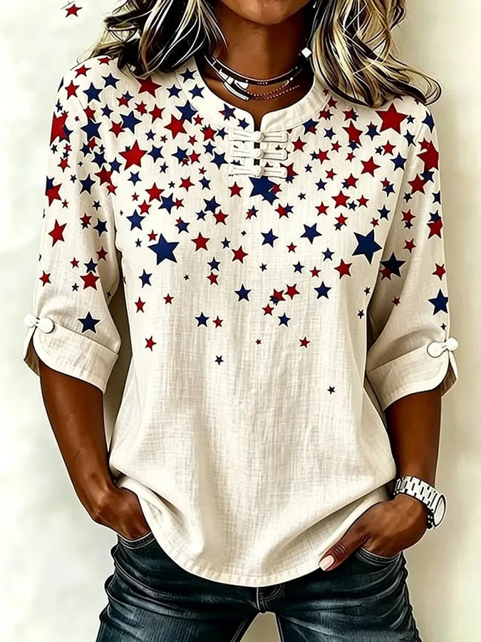 3D Star Print Crewneck Half-Sleeve Top