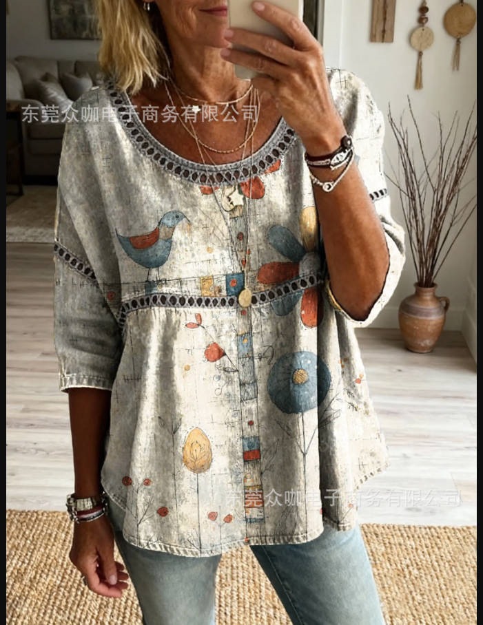 3D Floral Print Crewneck Half-Sleeve Ruched Top