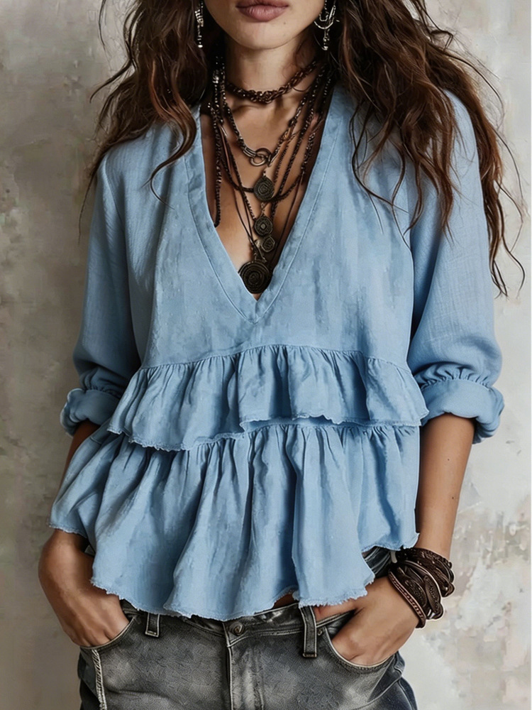 Women's Casual Long Sleeve V-Neck Solid Color Top T-Shirt
