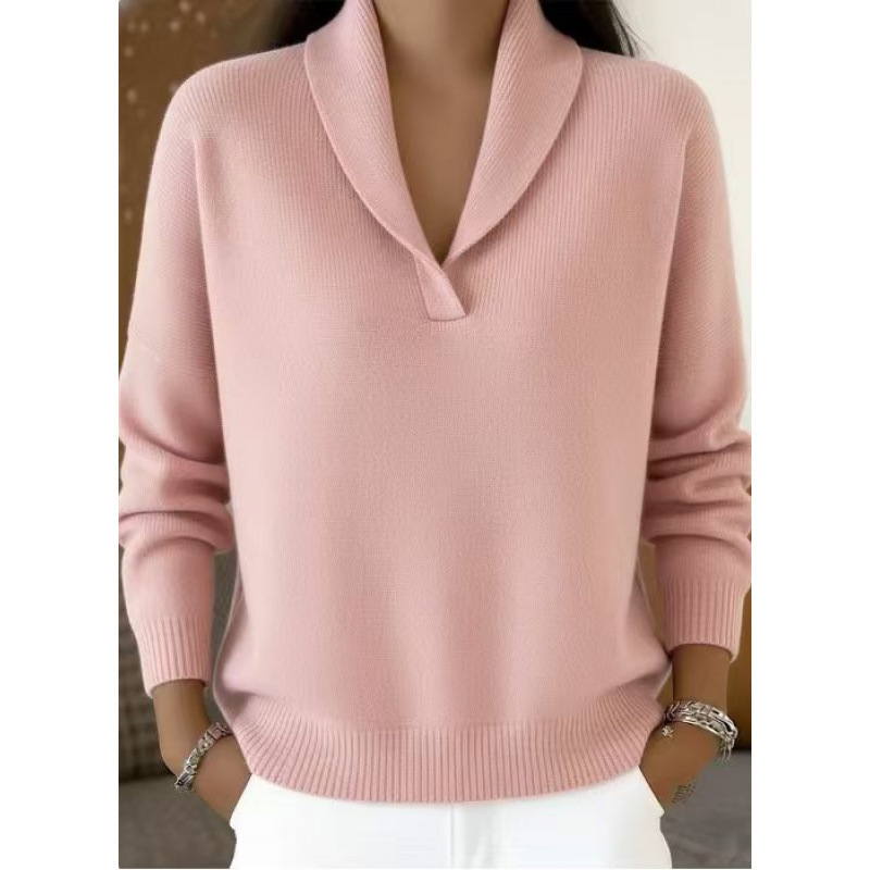 V-Neck Long Sleeve Knit Pullover Loose Solid Color Top