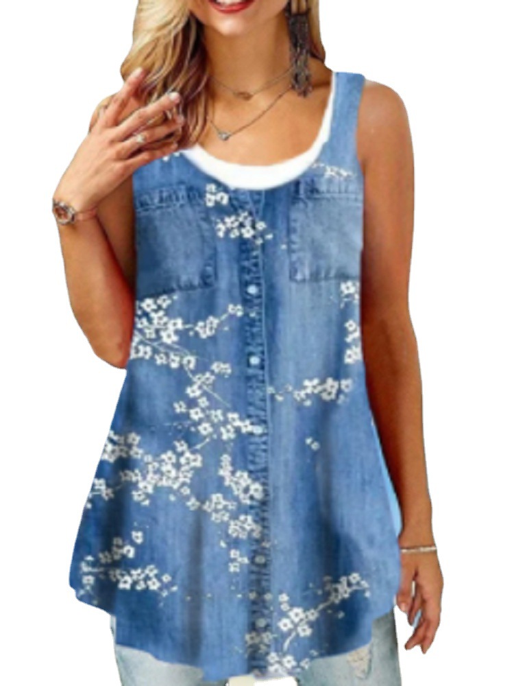 Women's Loose Fit Floral Print Faux Two-Piece Casual Top