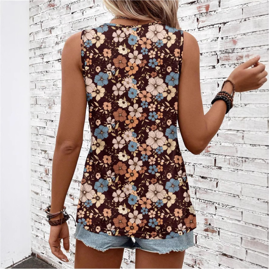 Women's Floral Print Sleeveless Tank Top Round Neck Loose Casual Summer Tee