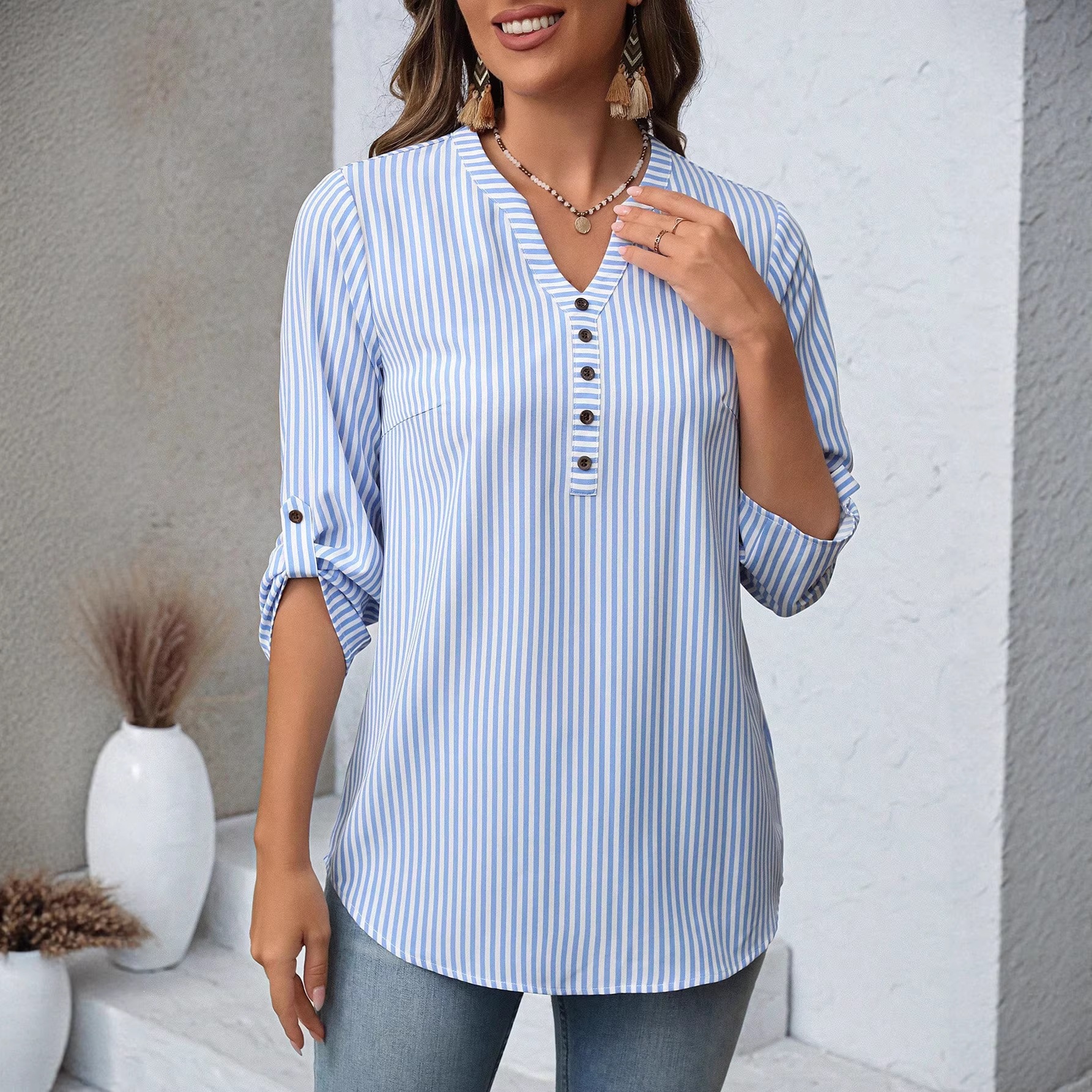 Women's Striped Color-Block Half-Open V-Neck Tie-Front Top with Three-Quarter Sleeves