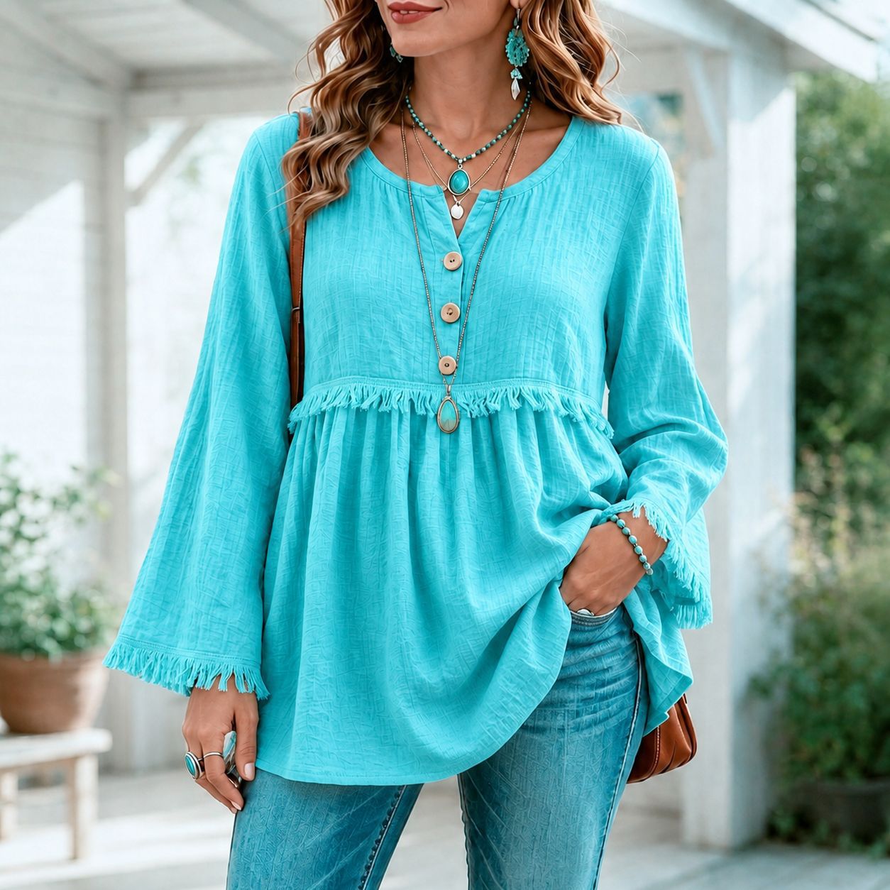 Women's Loose Fit Button Fringe Long Sleeve T-Shirt Solid Color Casual Top