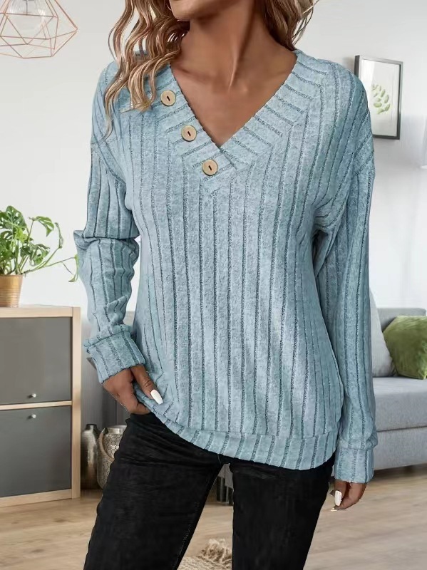 Women's V-Neck Long Sleeve Loose Fit Faux Button T-Shirt