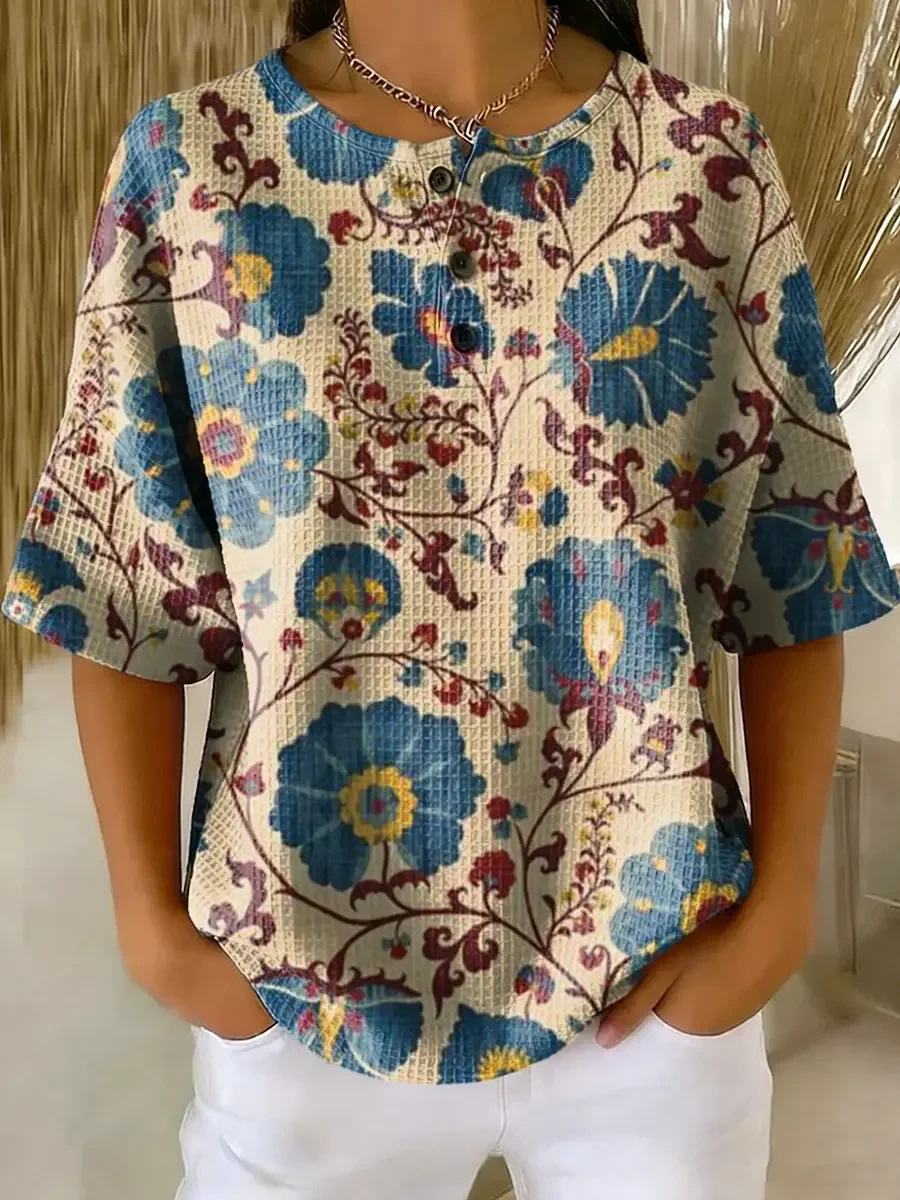 Floral Plaid Print Crewneck Short Sleeve Button Top