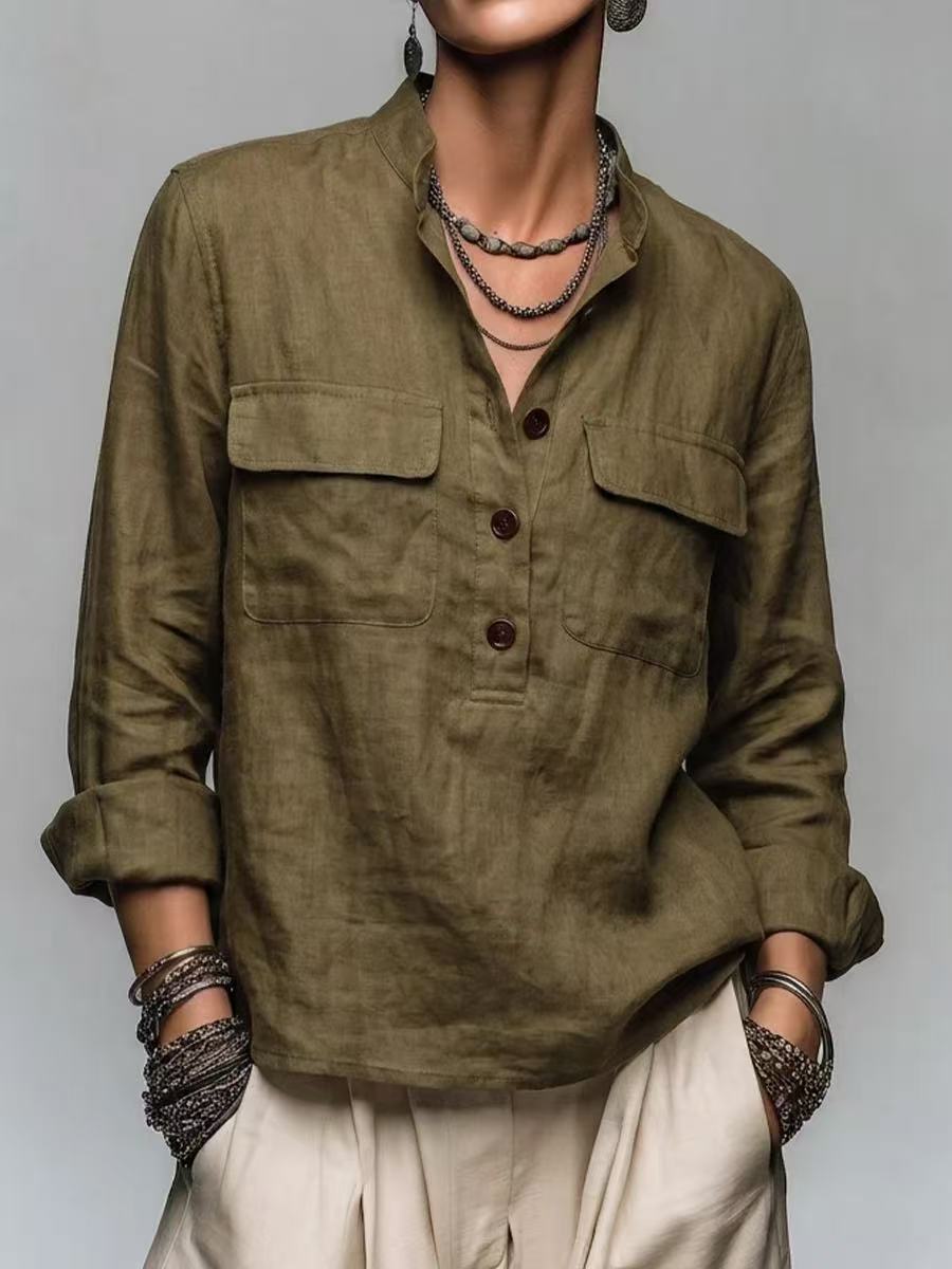 Women's Retro Stand Collar Button Pocket Loose Long Sleeve Pullover Shirt