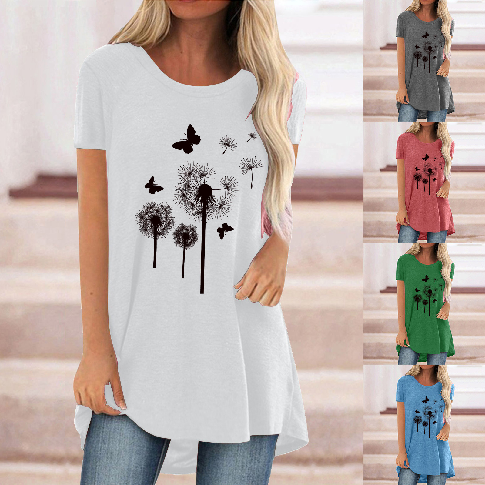 Dandelion Print Crewneck Short Sleeve Women's Top