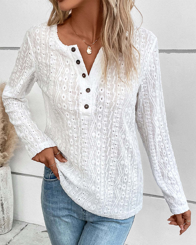Women's Casual V-Neck Cutout Long-Sleeve Top
