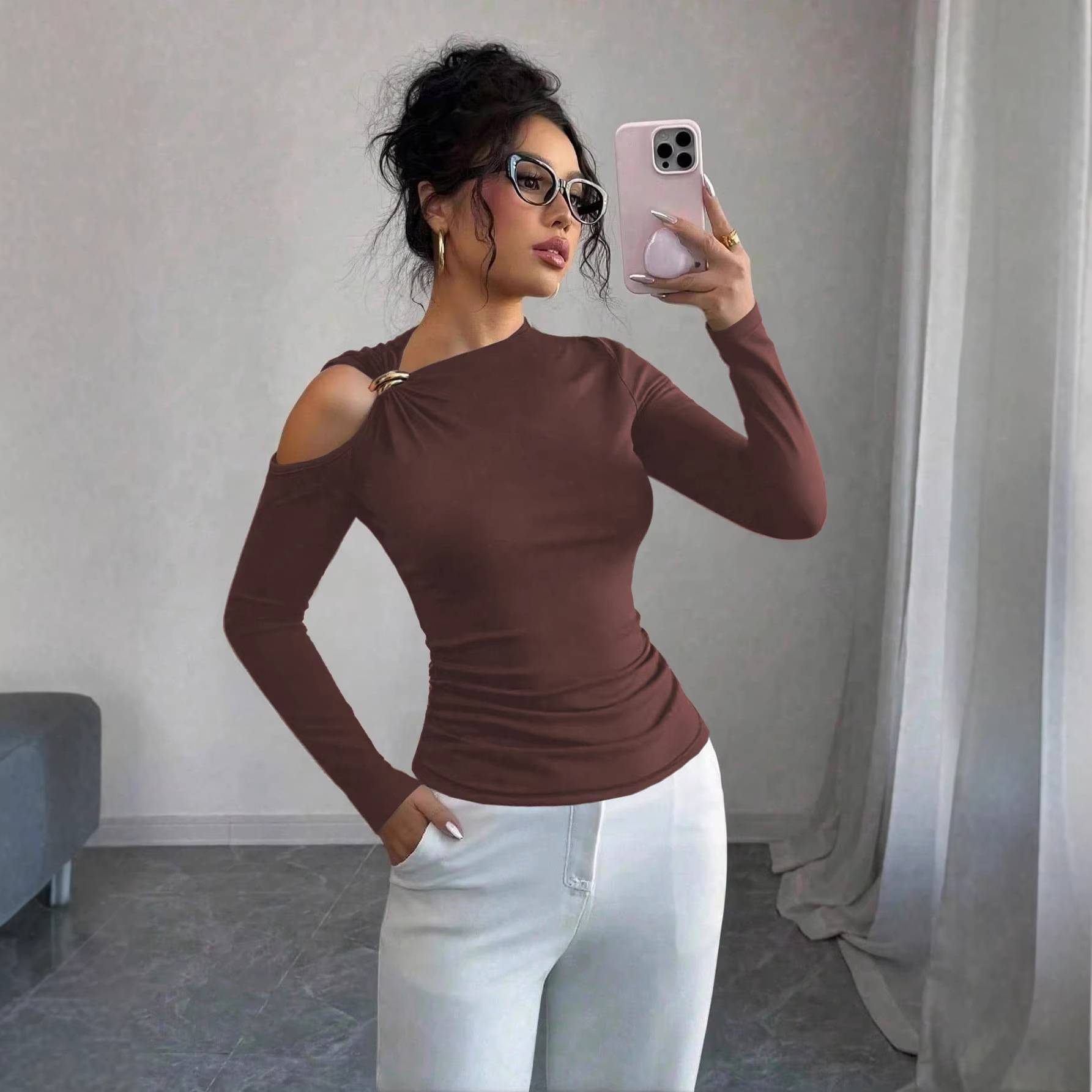 Asymmetric One-Shoulder Metal-Trim Slim-Fit Top