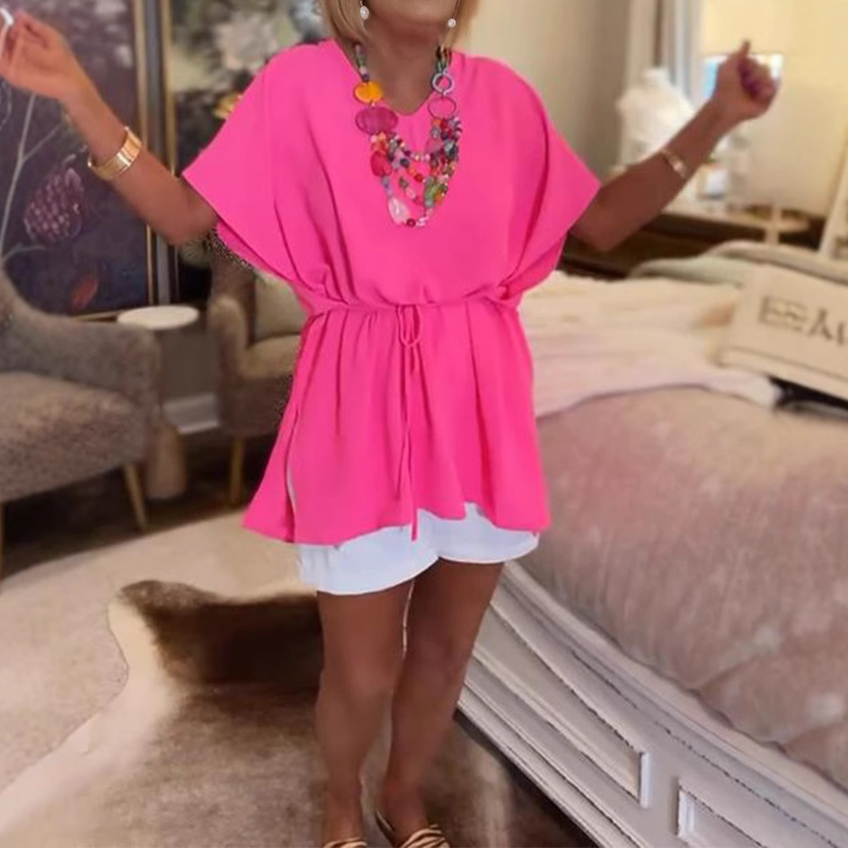 Women's Solid V-Neck Tie-Front Short Sleeve Top