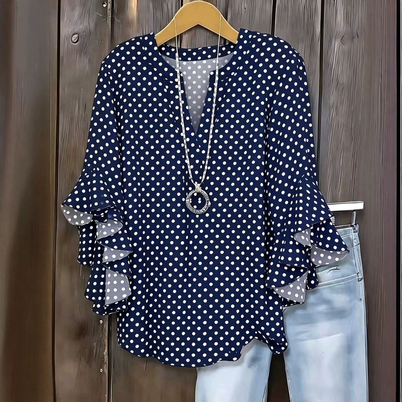 Polka Dot Print V-Neck Half-Sleeve Women's T-Shirt