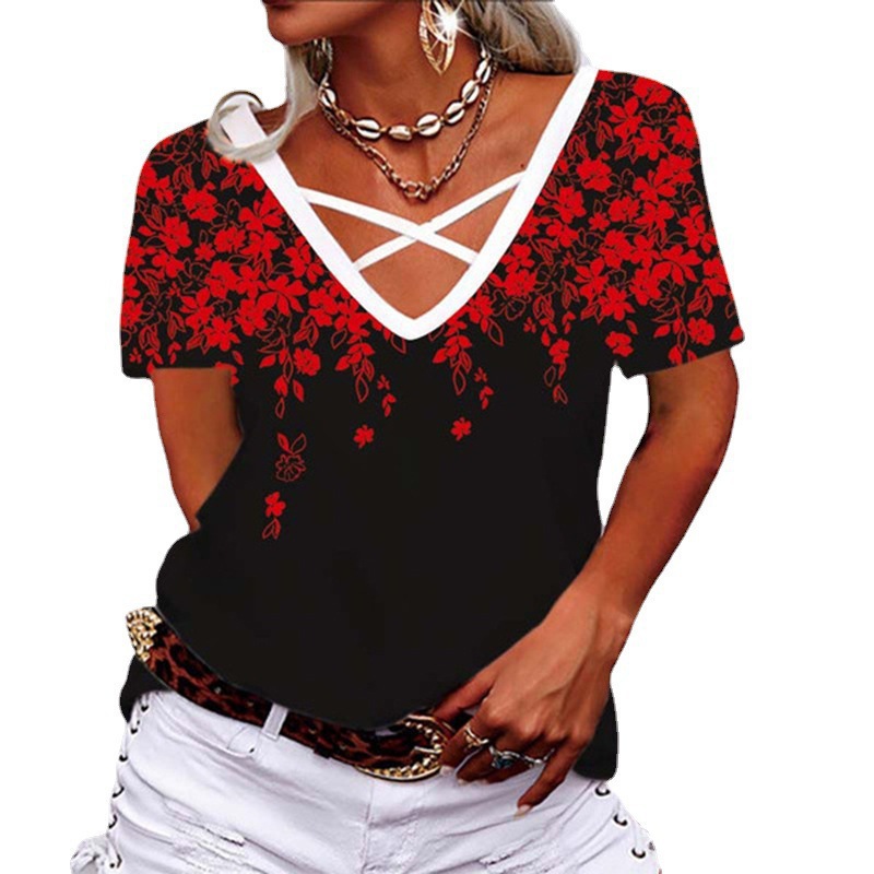 Women's V-Neck Cross Print Short Sleeve Loose Casual T-Shirt
