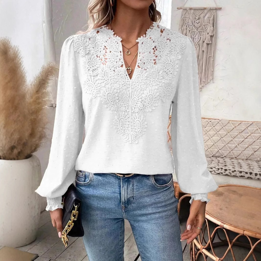 Women's V-Neck Lace Long Sleeve Casual Top