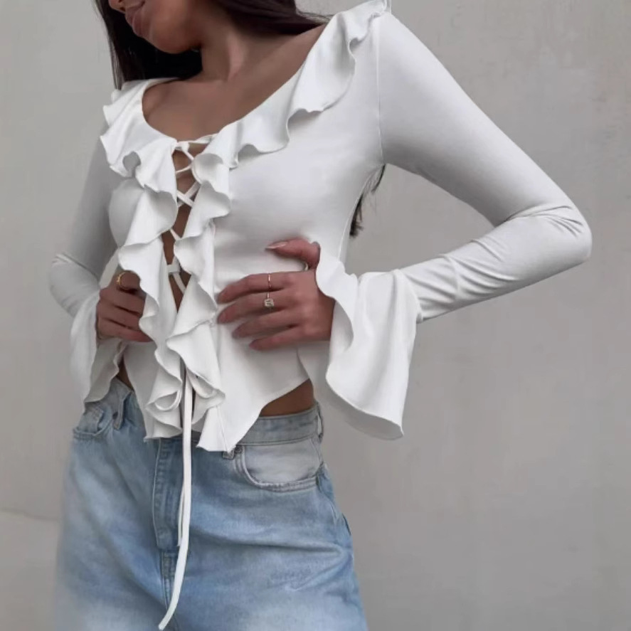 Sexy V-Neck Lace-Up Ruffle Long Sleeve Flare Sleeve Solid T-Shirt