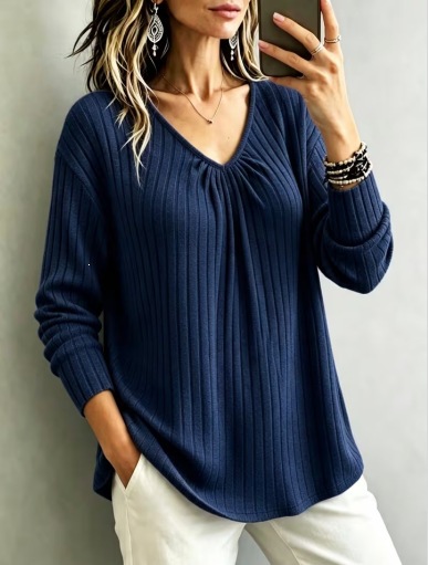 V-Neck Ribbed Brushed Long-Sleeve Loose Casual Top for Women