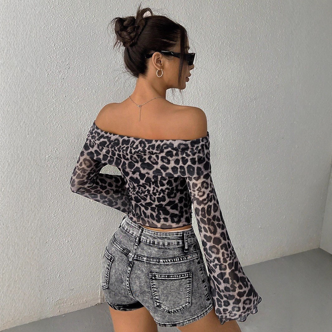 Women's Sheer Leopard Print Off-Shoulder Bell Sleeve Slim Fit Top