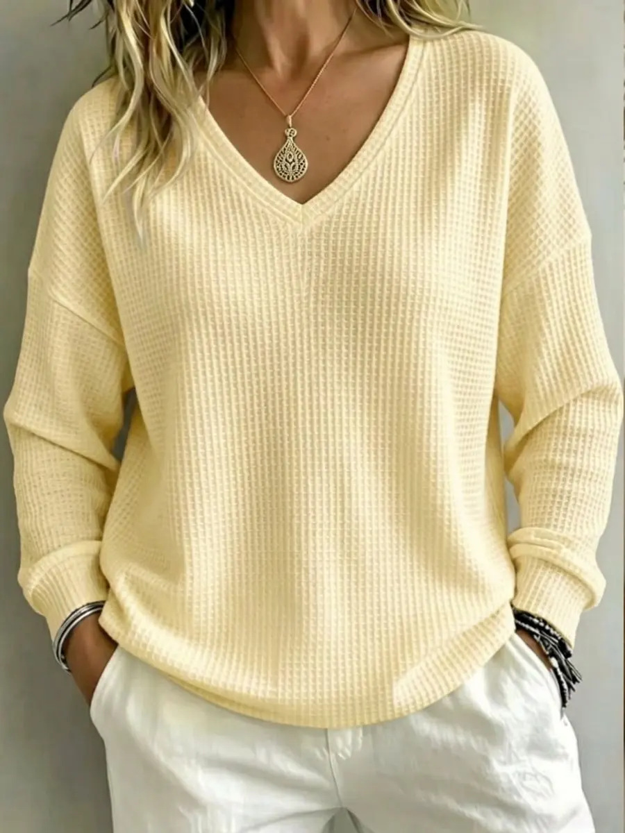 Women's Waffle Knit V-Neck Pullover Loose Casual Top