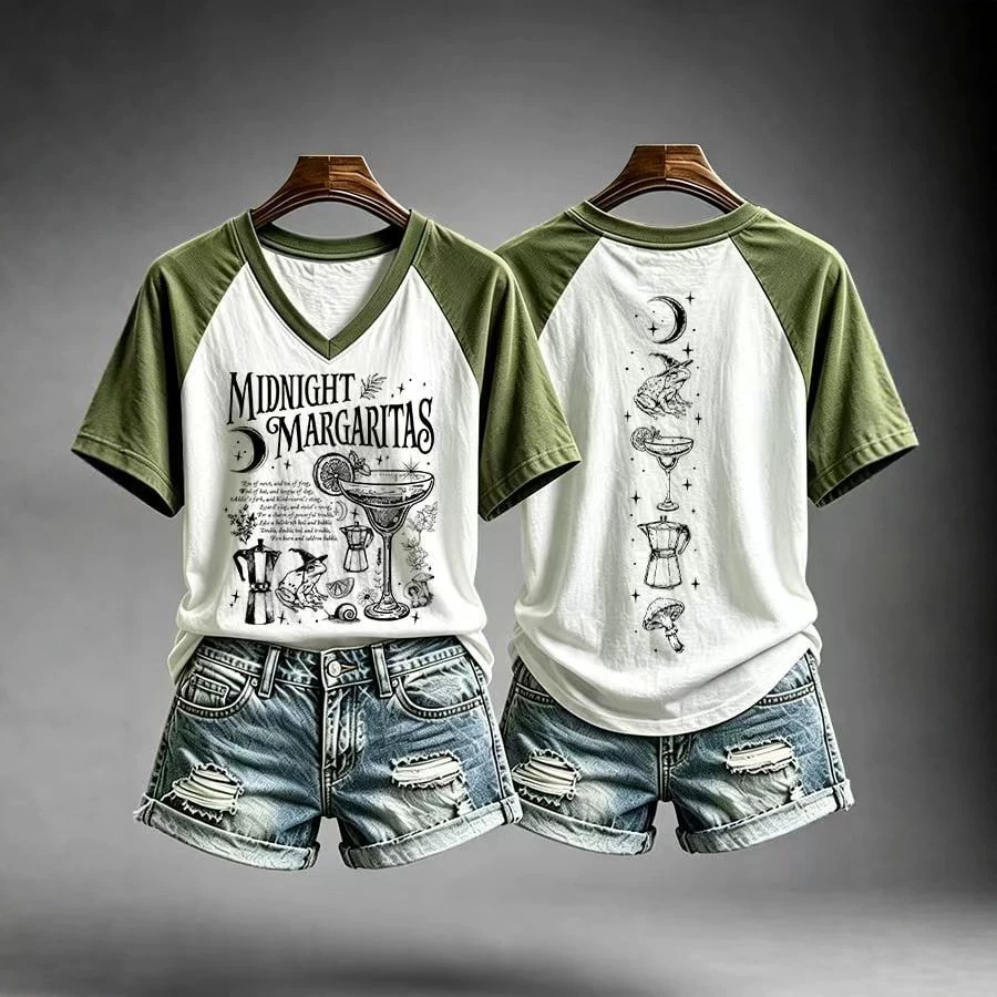 Fantasy Graphic Front and Back Print V-Neck T-Shirt