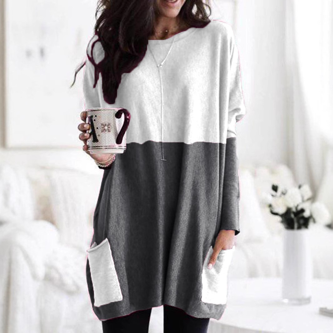 Women's Long Sleeve Pocket T-Shirt Casual Loose Fit Crew Neck Top