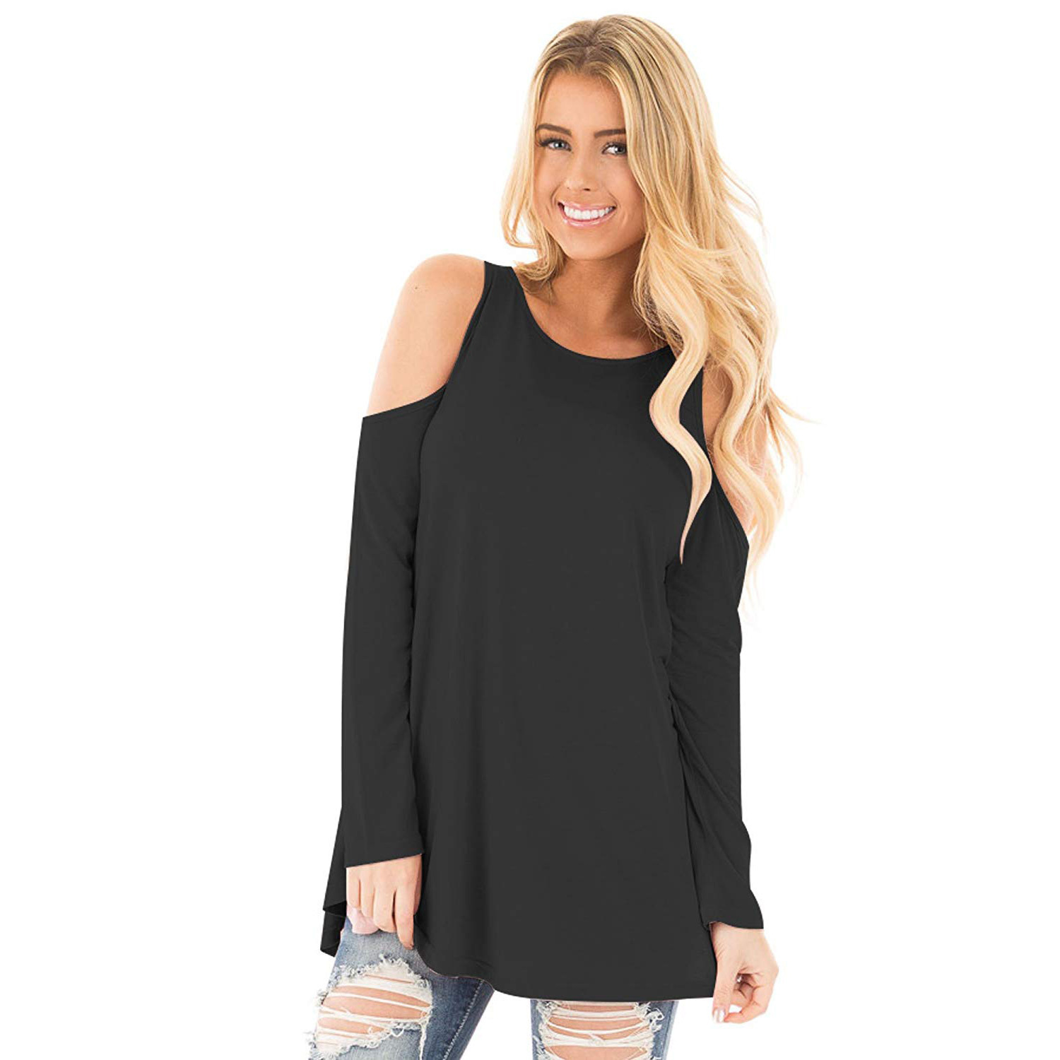 Women's Long Sleeve Off-Shoulder Round Neck T-Shirt