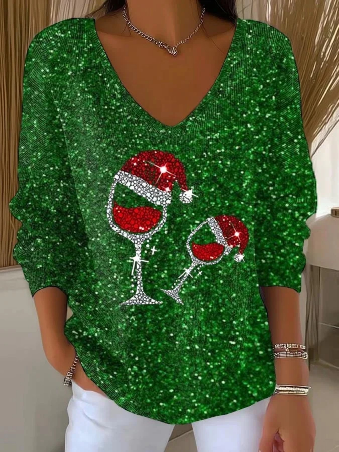 Christmas Tree Ribbon Print V-Neck Long-Sleeve T-Shirt