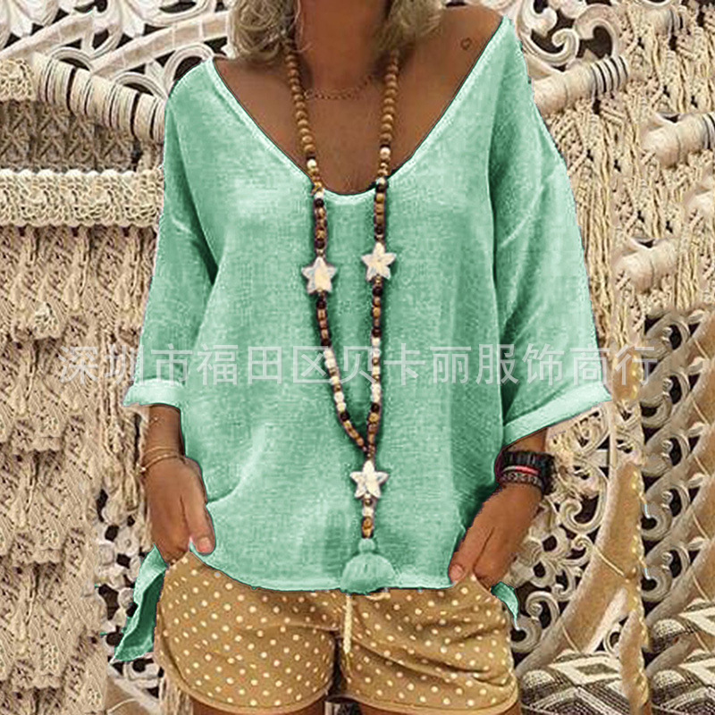 Women's V-Neck Half-Sleeve Cotton-Linen T-Shirt