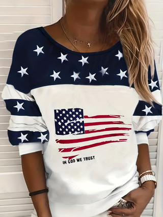 Women's Striped American Flag Print Crewneck Loose Long Sleeve T-Shirt