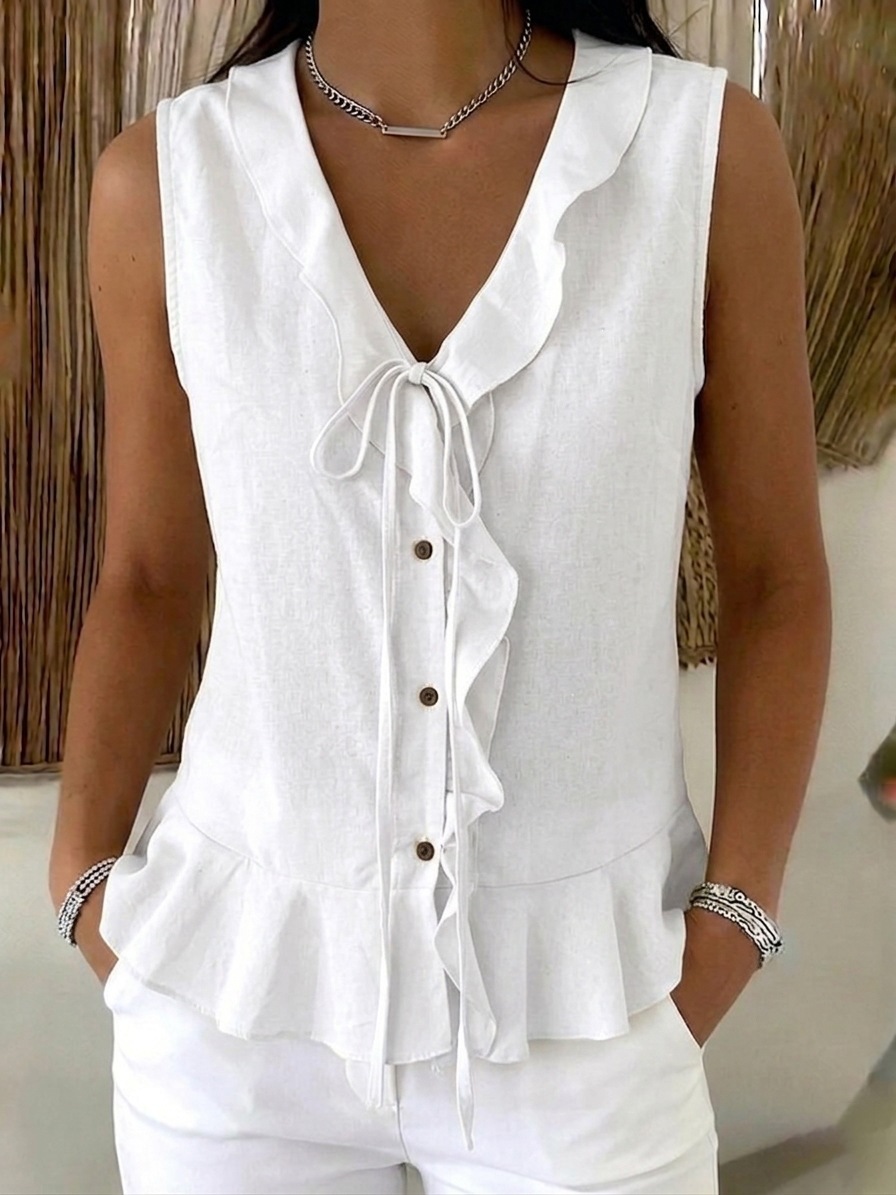 V-Neck Ruffle Tie Sleeveless Tank Top with Ruffle Hem Casual Women's Blouse