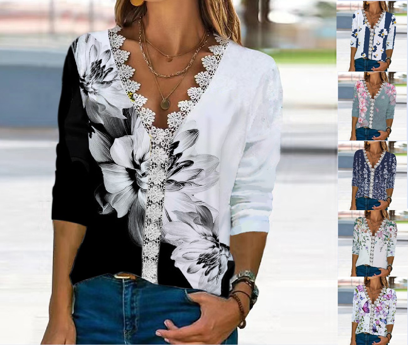 Lace V-Neck Digital Print Long-Sleeve Loose Top