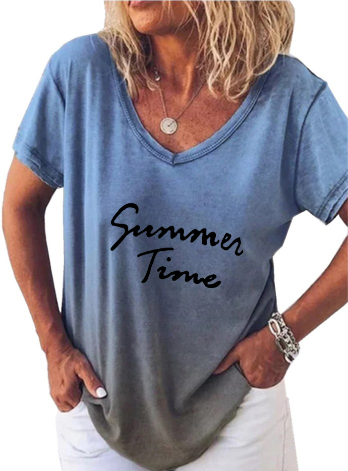 Gradient Print V-Neck Short Sleeve T-Shirt
