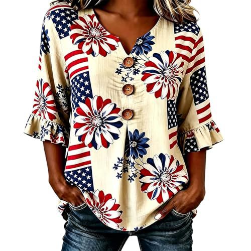 Summer American Firework Print Half-Sleeve Button Top