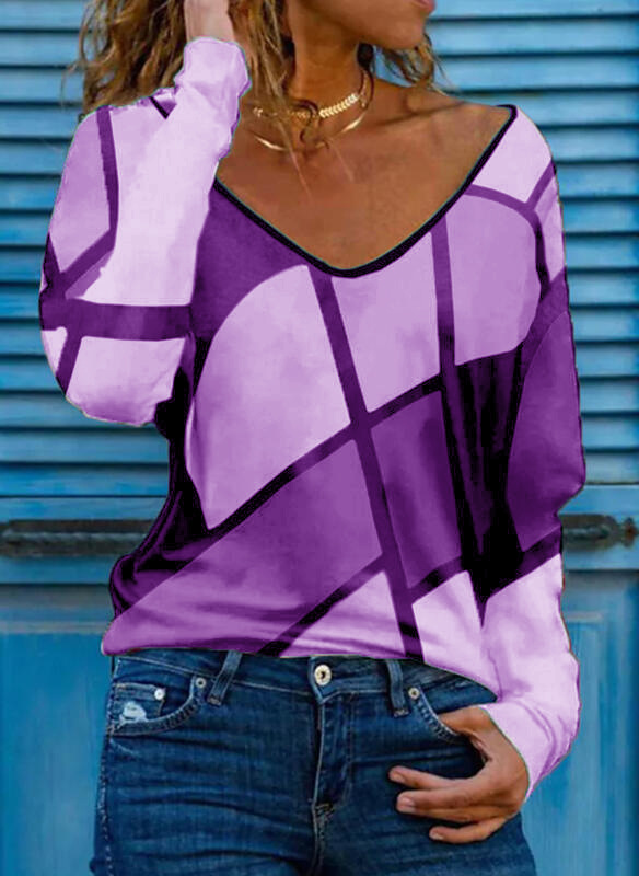 Geometric V-Neck Print Loose Pullover T-Shirt Women's Top