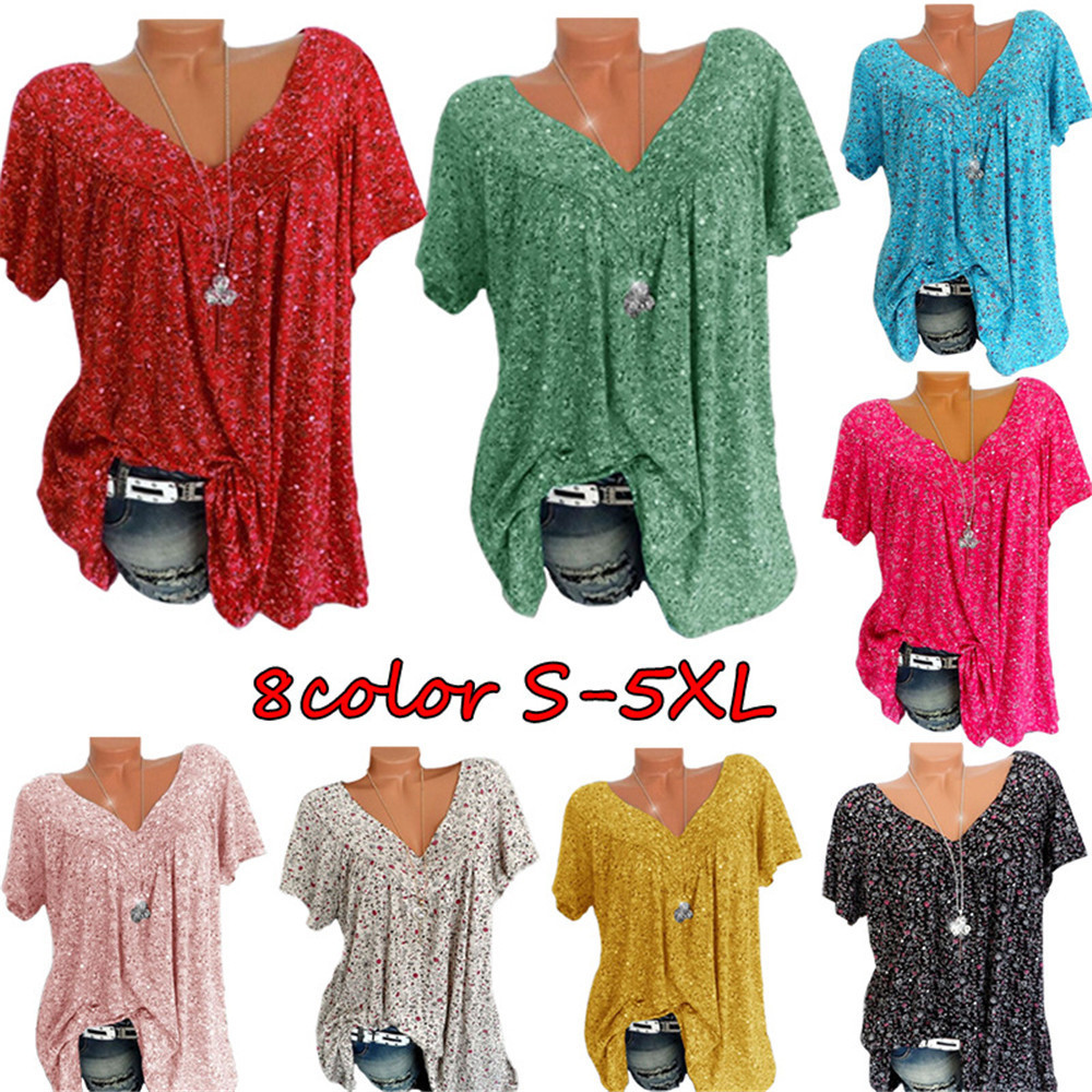Women's V-Neck Loose Short Sleeve Printed T-Shirt