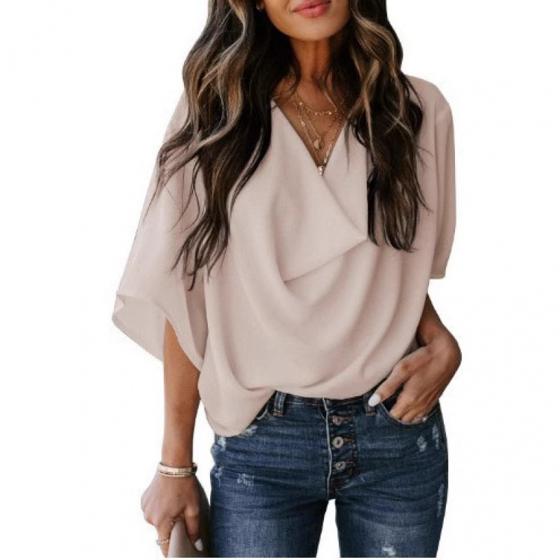 Women's Summer Chiffon V-Neck Loose Short Sleeve Top